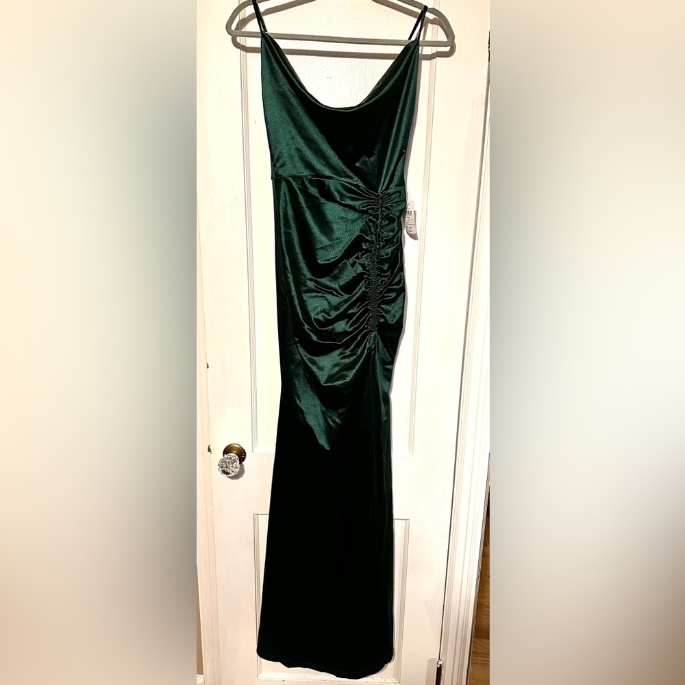 Brand new unworn with tags green formal dress, high slit ruched